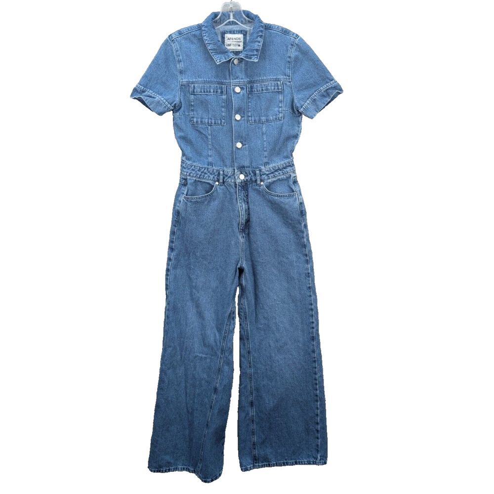 Afends Zuri Denim Jumpsuit Wide Leg Button Up Short Sleeve Classic Blue Womens M